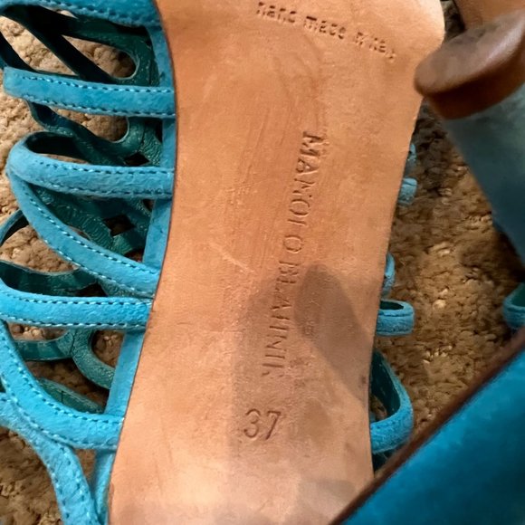 Baby's got MANOLO BLAHNIK  Teal Suede Multistrap Sandals Size: 7 | IT 37 - Picture 5 of 9
